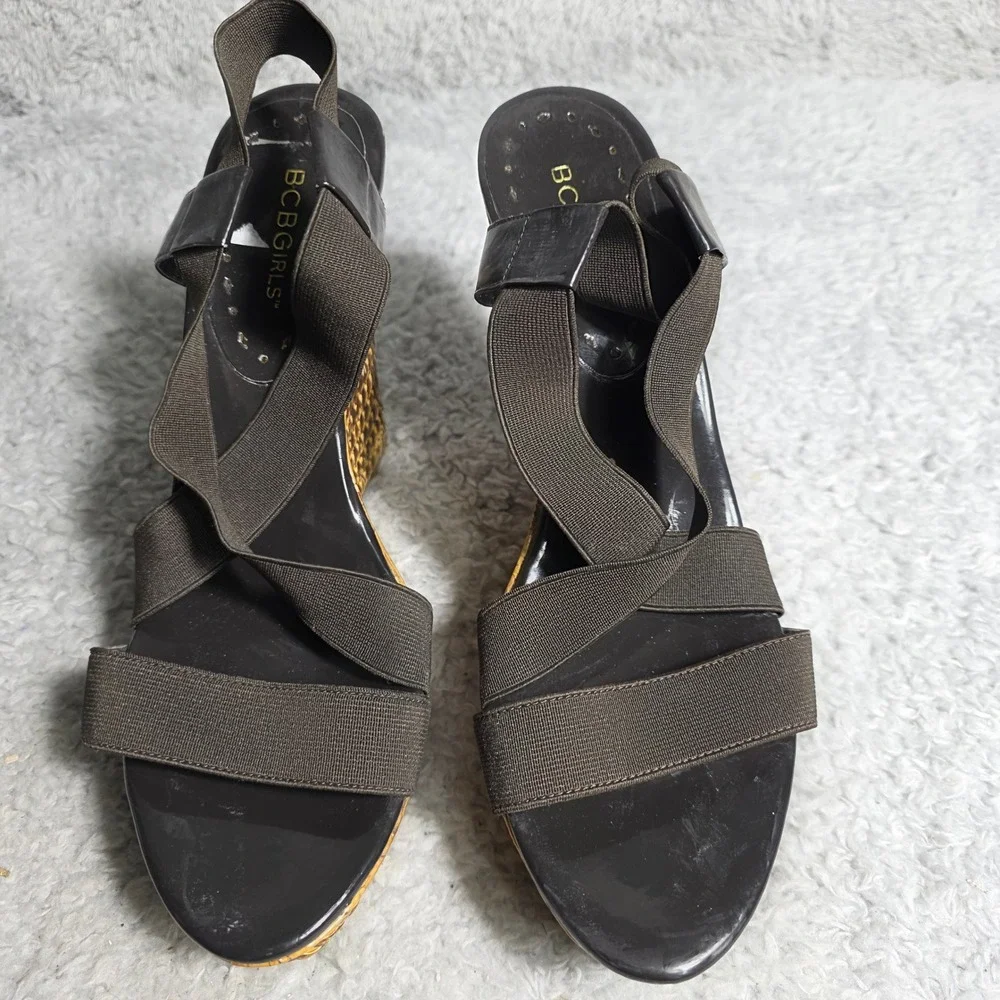 BCBG Wedge Platform Sandals Black Stretch Strappy Woven Straw Women‎ Size 10 Y2K